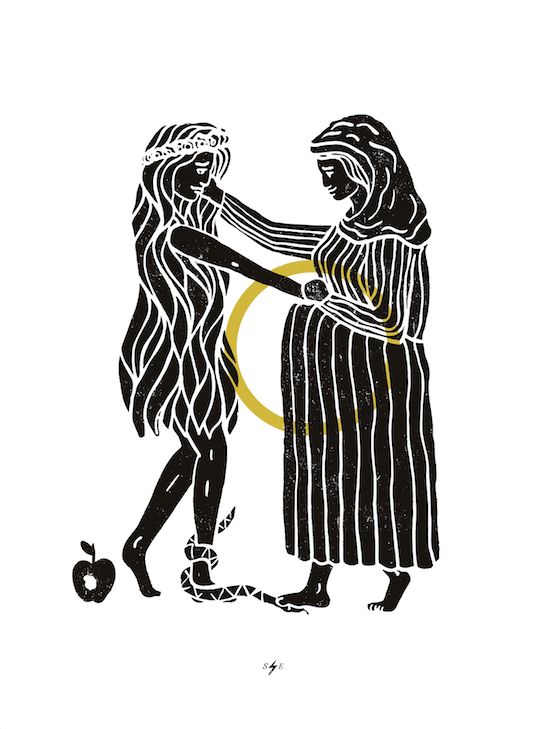 Mary & Eve - Mary Consoles Eve Art Print - 18x24